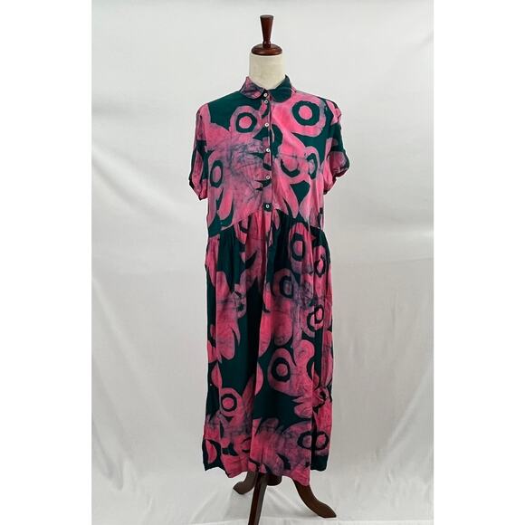 OSEI DURO Sz M Medium Imperium Dress Pool Party Pink Teal Midi Rayon - Picture 2 of 13